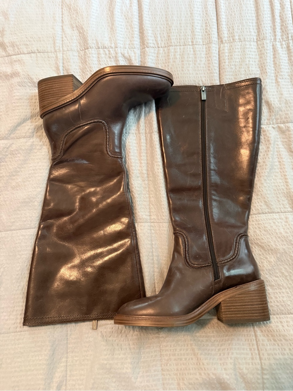 Vince Camuto Women's Tall Brown Leather Block Heel Riding Boots